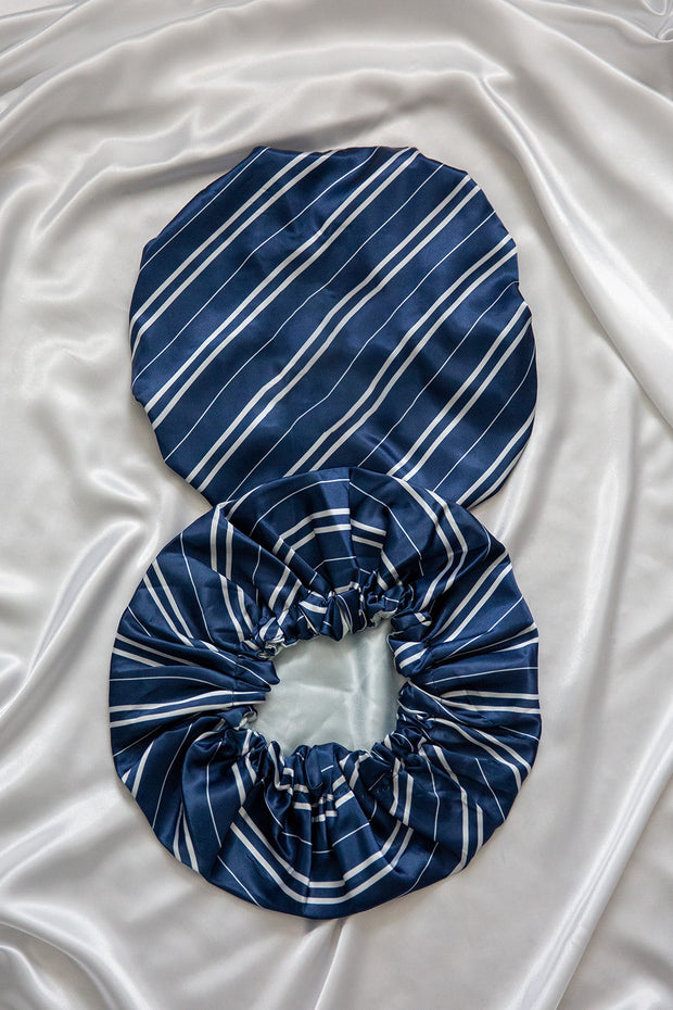 *PRE-ORDER* Navy Striped Satin Bonnet