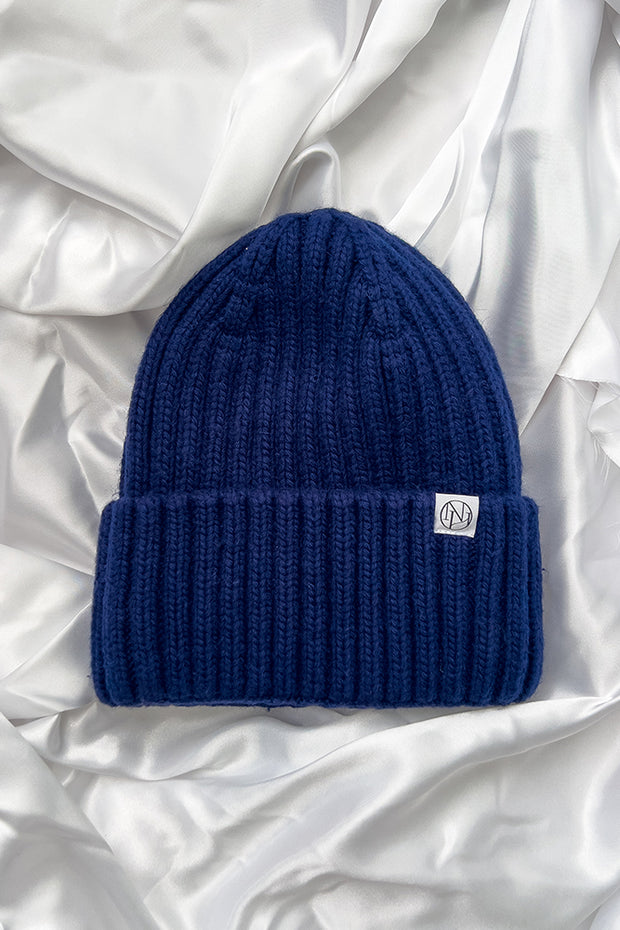 Navy Cashmere-Blend Oversized Satin Lined Beanie