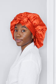 Tangerine Satin Bonnet with Ties