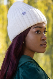 White Cashmere-Blend Oversized Satin Lined Beanie