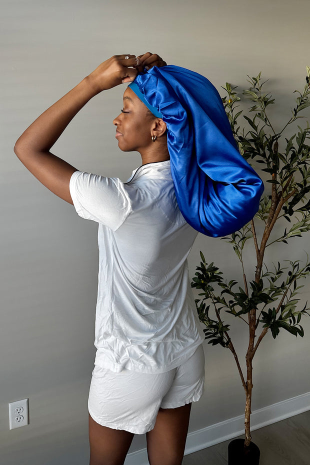 Royal Blue Extra Long Satin Bonnet With Snap