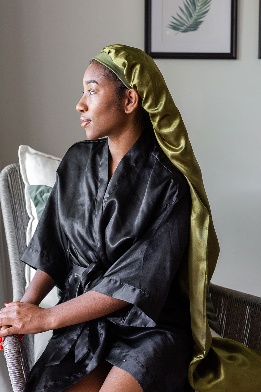 Moss Extra Long Satin Bonnet With Snap – Nessa Hill LLC